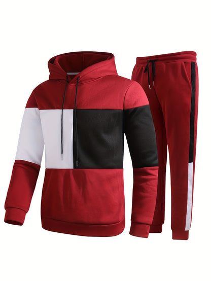 jiaabc Men's Colorblock Hooded Sweatshirt Casual Outfit Set, 2 Pieces Long Sleeve Pullover Hoodies And Drawstring Sweatpants