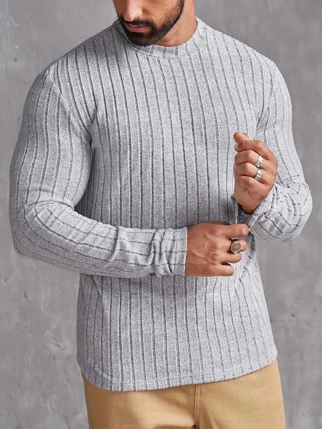 Ribbed Men's Long Sleeve High Stretch Slim Fit Knitted Round Neck T-shirt For Spring Fall, Men's Pullover Top