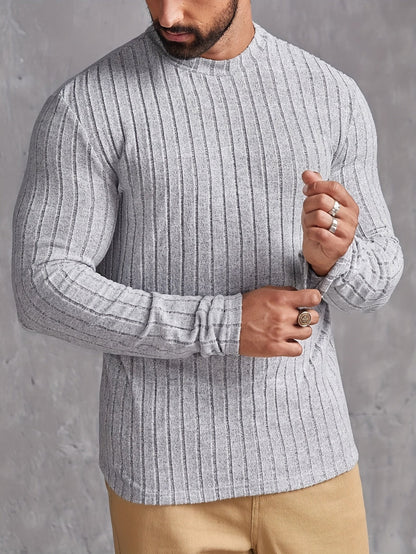 Ribbed Men's Long Sleeve High Stretch Slim Fit Knitted Round Neck T-shirt For Spring Fall, Men's Pullover Top