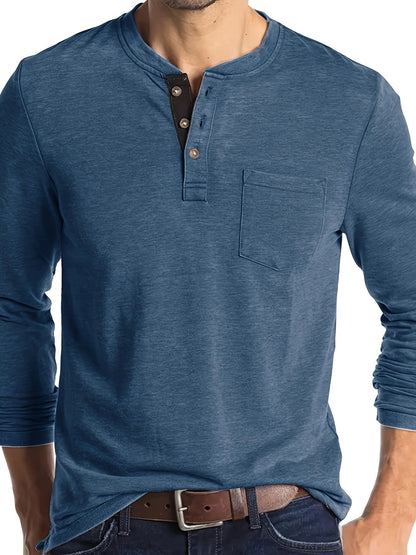 Men's Solid Color Henley T-shirt, Long Sleeve Comfy Casual Top For Autumn