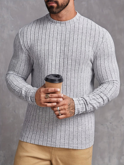 Ribbed Men's Long Sleeve High Stretch Slim Fit Knitted Round Neck T-shirt For Spring Fall, Men's Pullover Top