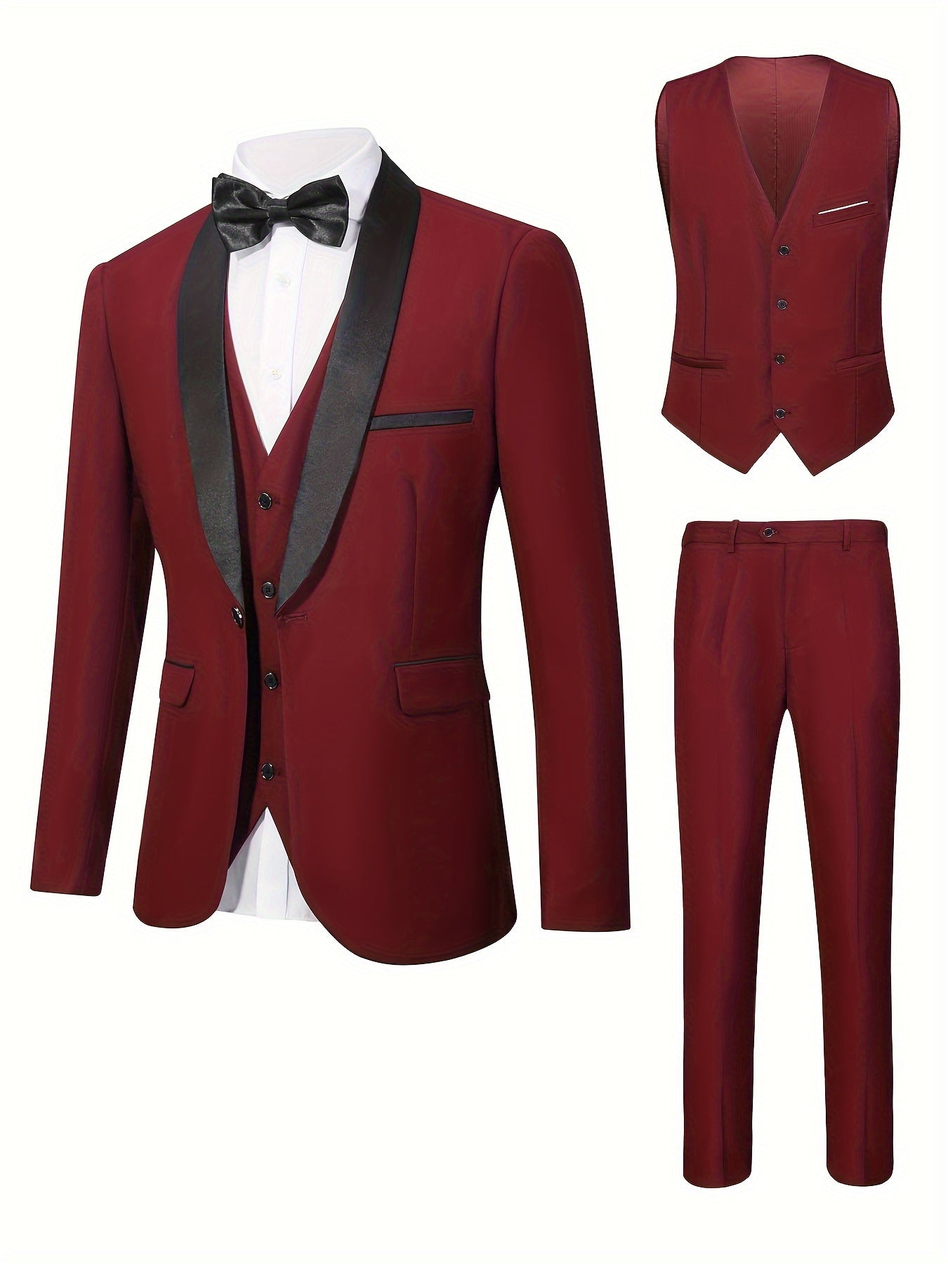 jiaabc 3-Piece Men's Formal Dress Outfit Set - Long Sleeve One Button Shawl Collar Jacket with Pockets, Slim Fit Pants, Perfect for Wedding Banquet and Formal Events