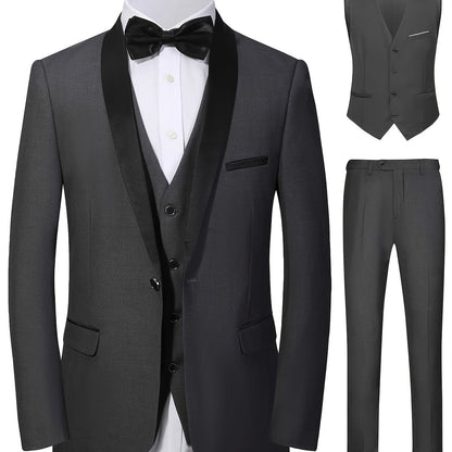 Men's Suit Three-piece Suit Vest Jacket And Pants British Style With Shawl Collar Fashionable, Simple And Versatile, Suitable For Business, Banquets, Weddings And Other Activities