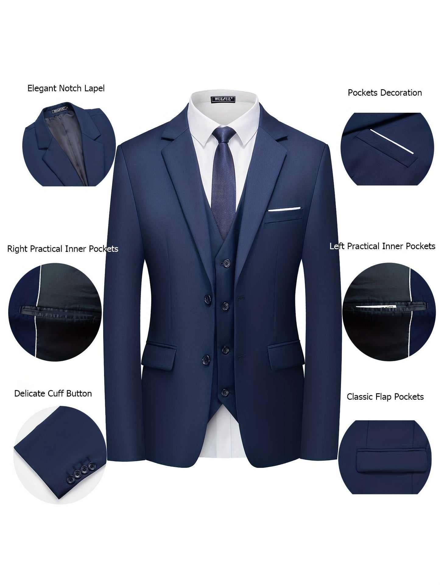 jiaabc 3-Piece Classic Solid Dress Suit Set - Single-Breasted Jacket, Vest, and Trousers - Formal Attire for Men, Perfect for Weddings, Job Interviews, and Business Meetings