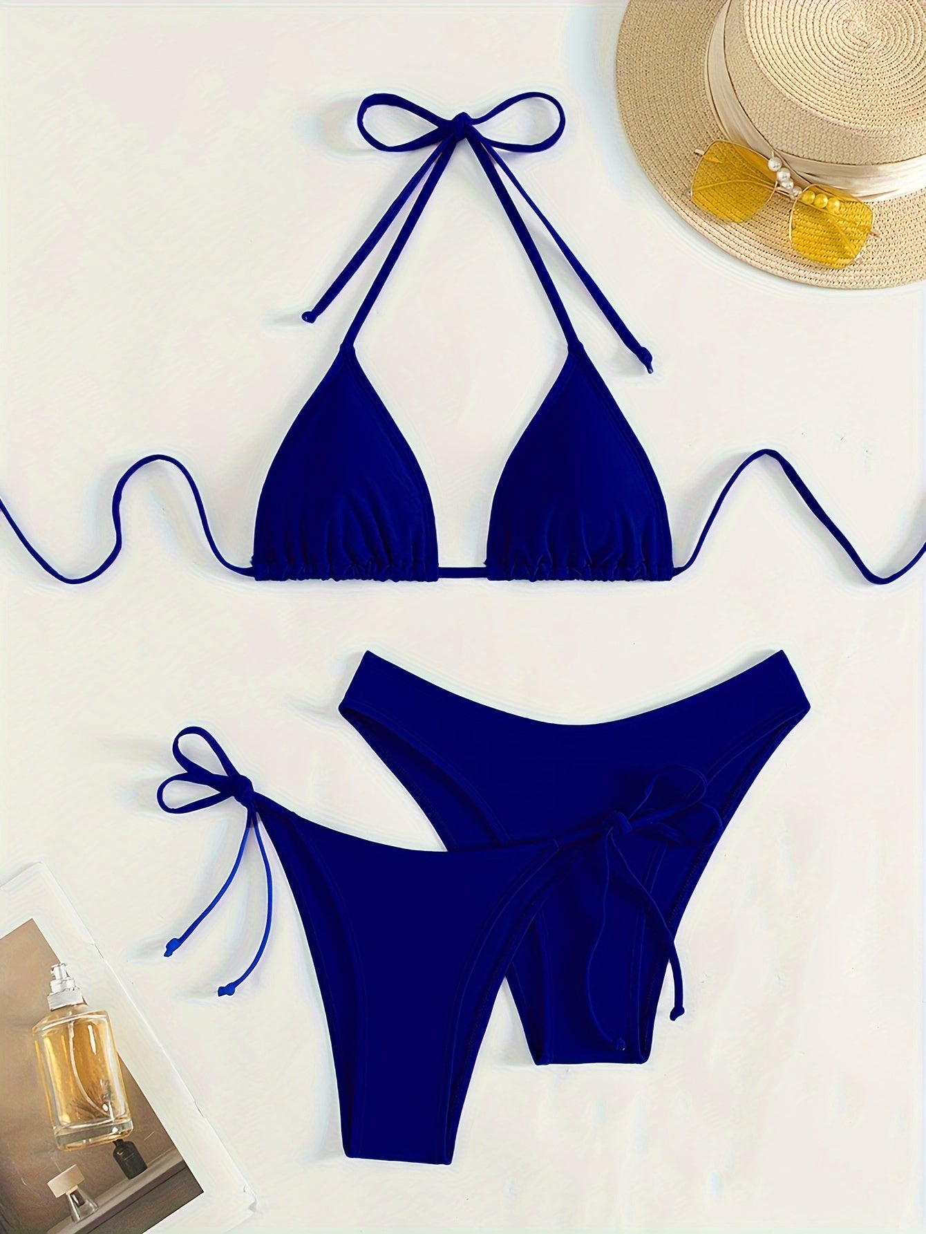 jiaabc Solid Color 3 piece Set Bikini, Halter Neck Backless Swimsuits, Women's Swimwear & Clothing