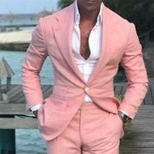 Men's Wedding Linen Suits Pink 2 Piece Solid Colored Summer Suits Tailored Fit Single Breasted One-button 2023