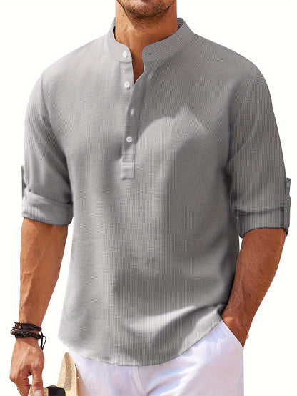 Men's Retro Casual Long Sleeve Stand Collar Shirt With Half Button, Spring Fall Outdoor