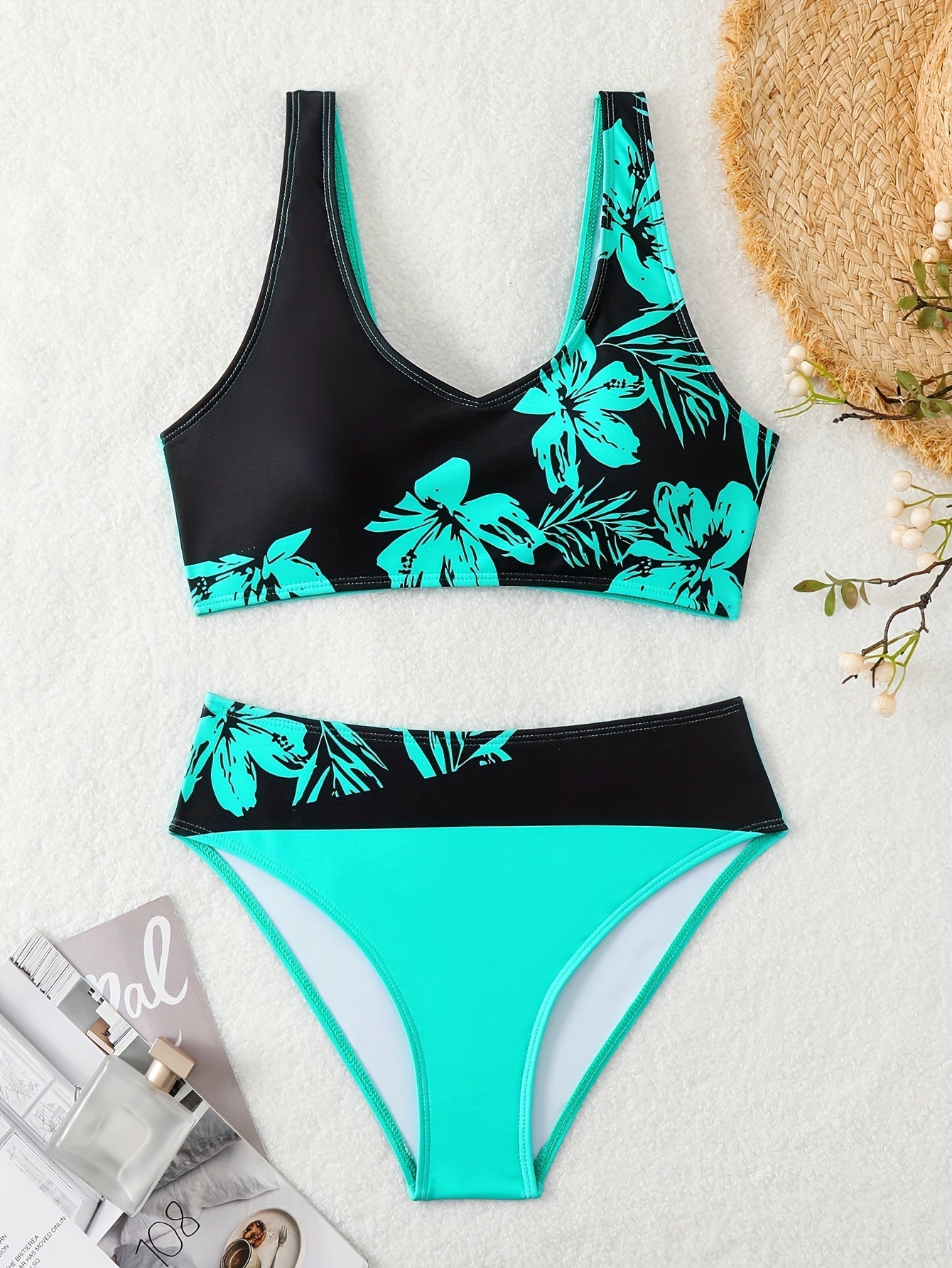 jiaabc 2 Piece V-Neck Floral Pattern High Cut Bikini Set - High Stretch Polyester Swimsuits with Random Print, Positioning Printing, and Knit Fabric - Hand Wash Only, Customized Swimwear for Women