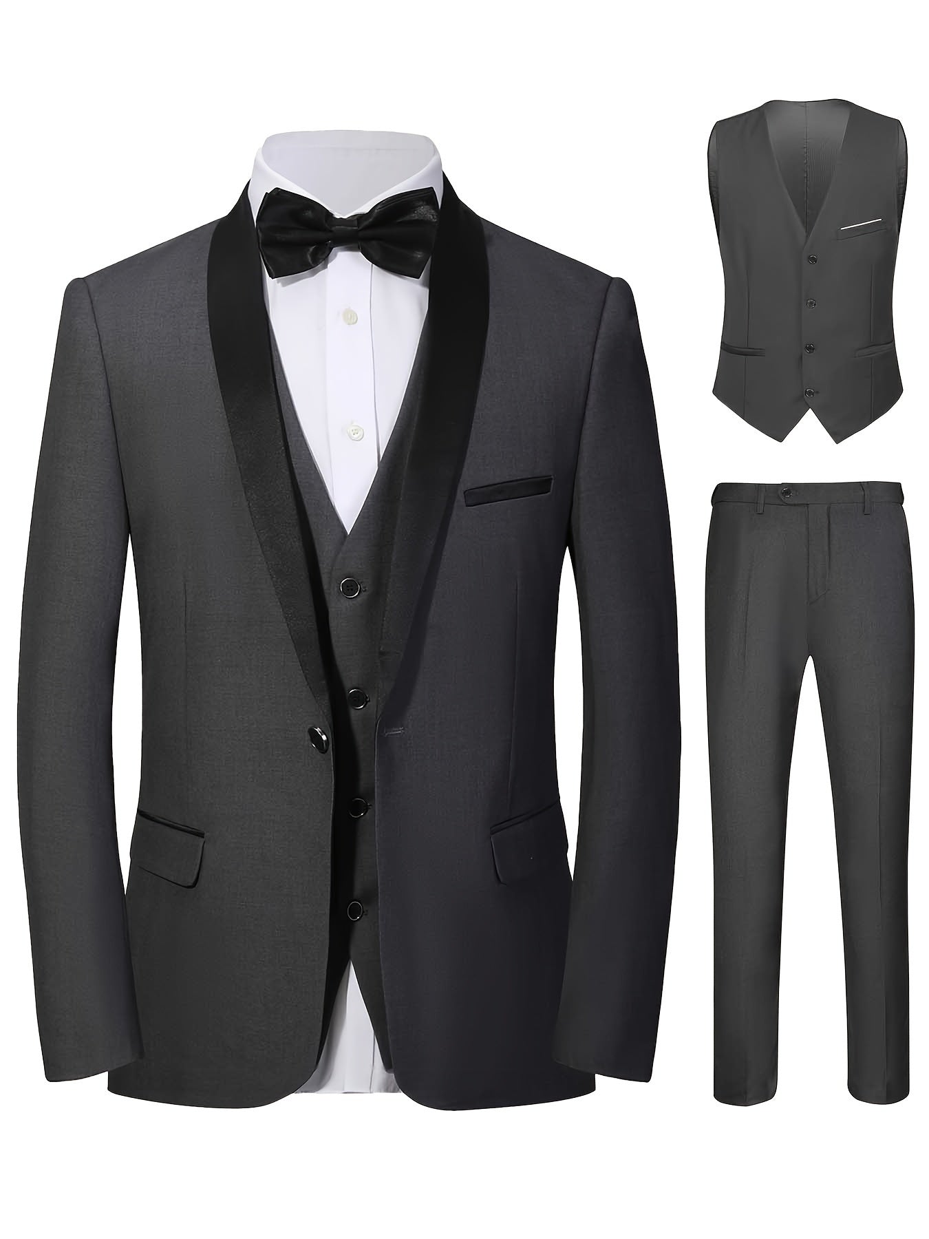 Men's Suit Three-piece Suit Vest Jacket And Pants British Style With Shawl Collar Fashionable, Simple And Versatile, Suitable For Business, Banquets, Weddings And Other Activities