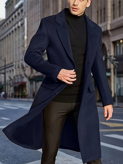 jiaabc Elegant Retro Trench Coat, Men's Semi-formal Single Breasted Lapel Overcoat For Fall Winter Business