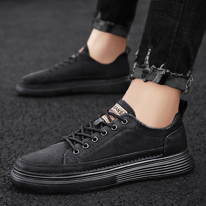 jiaabc Back to college Men Leather Casual Shoes Fashion Leather Flat Shoes Sneakers Pure Black Warm Thick Sole Soft Wear Low Top New Zapatillas Hombre