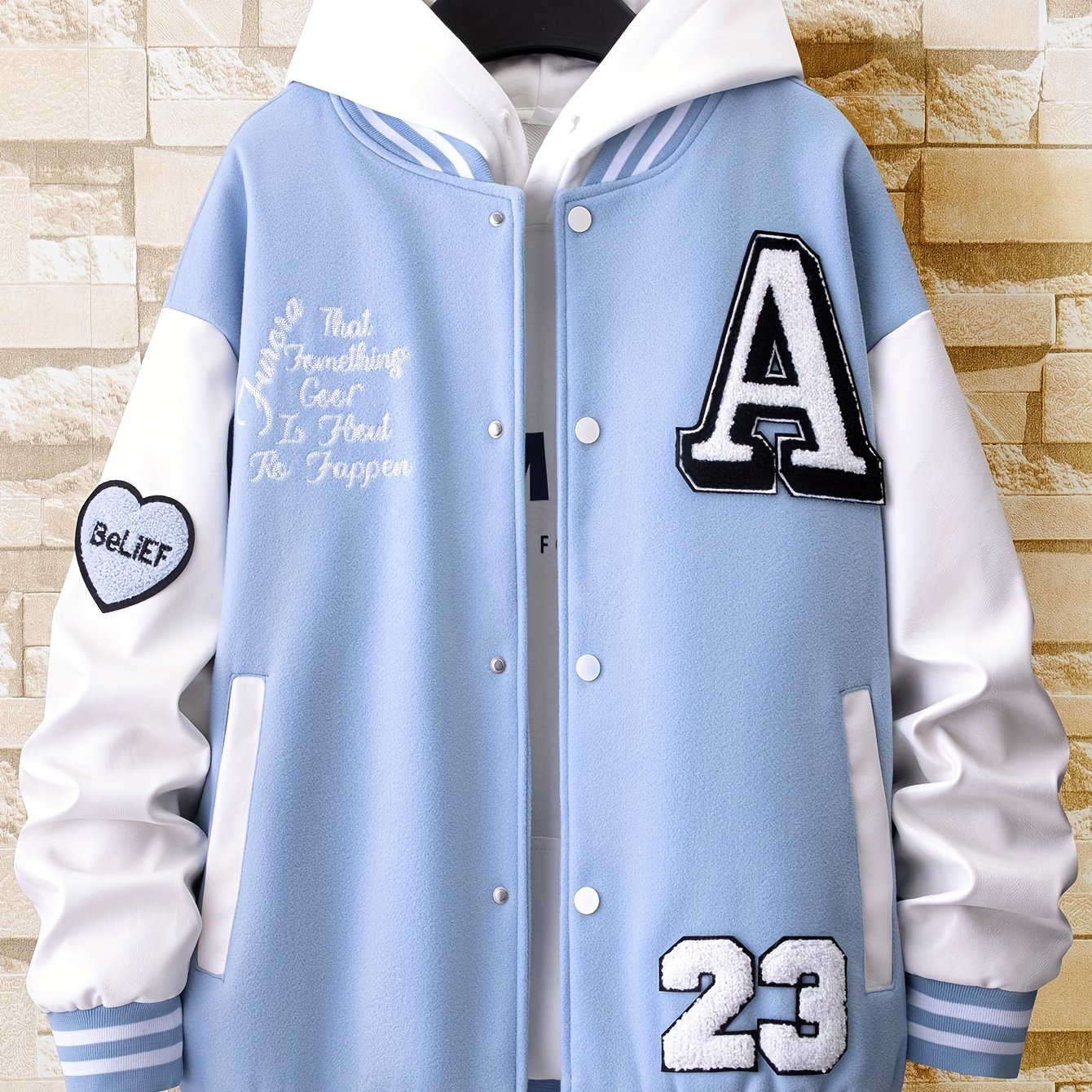 jiaabc Alphabets Print Color Block Varsity Jackets, Men's Casual Baseball Collar Jacket Coat For Spring Fall