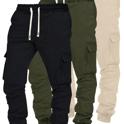 jiaabc 3Pcs Men's Cargo Pants Set with Multiple Pockets - Comfortable Loose-Fit Trousers for Work & Outdoor Leisure, Urban Streetwear with Hip Hop Influence