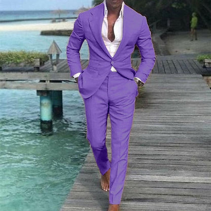 Men's Wedding Linen Suits Pink 2 Piece Solid Colored Summer Suits Tailored Fit Single Breasted One-button 2023