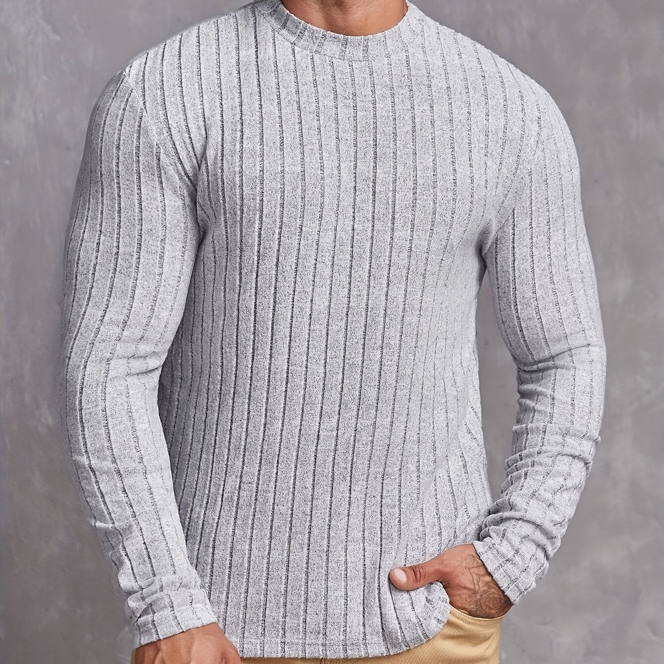 Ribbed Men's Long Sleeve High Stretch Slim Fit Knitted Round Neck T-shirt For Spring Fall, Men's Pullover Top