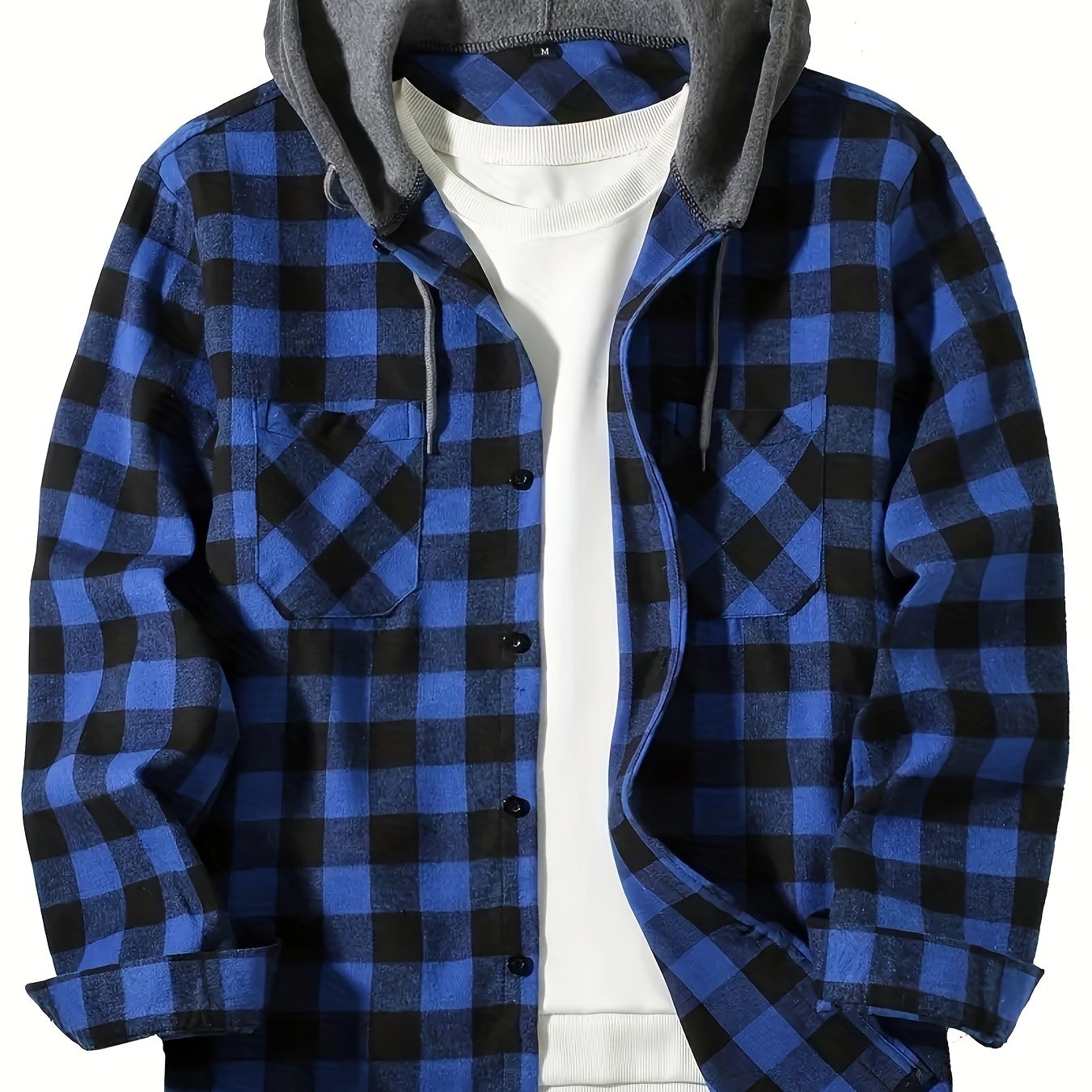 Men's Casual Hooded Plaid Shirt, Long Sleeve Button Up Clothing, Fashion Outerwear