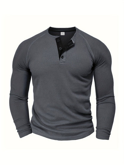 Fall Mens Outfits Men's Loose Solid Henley Shirt, Crew Neck Half Button Long Sleeve Shirt For Spring Fall Outdoor Activities