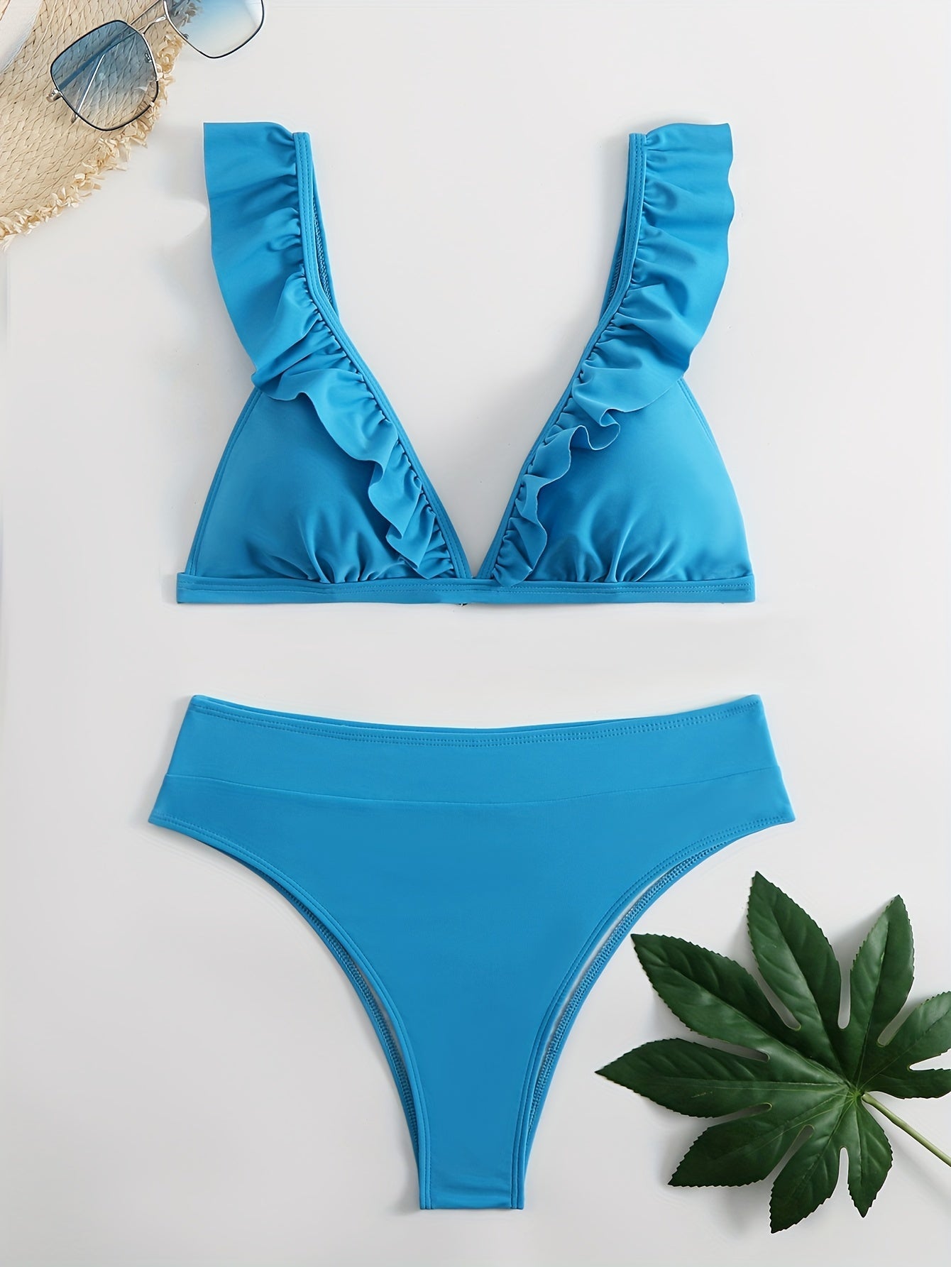 jiaabc Chic V-Neck Bikini Set for Women: High Waist, High-Cut, with Lettuce Trim - Easy-Care, Comfort Stretch Swimwear