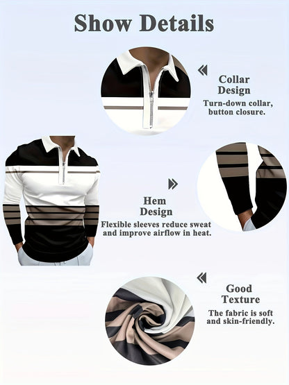 Fall Mens Outfits Color Block Striped Men's Long Sleeve Zipper Lapel Shirt, Men's Stylish Spring Fall Golf Shirt