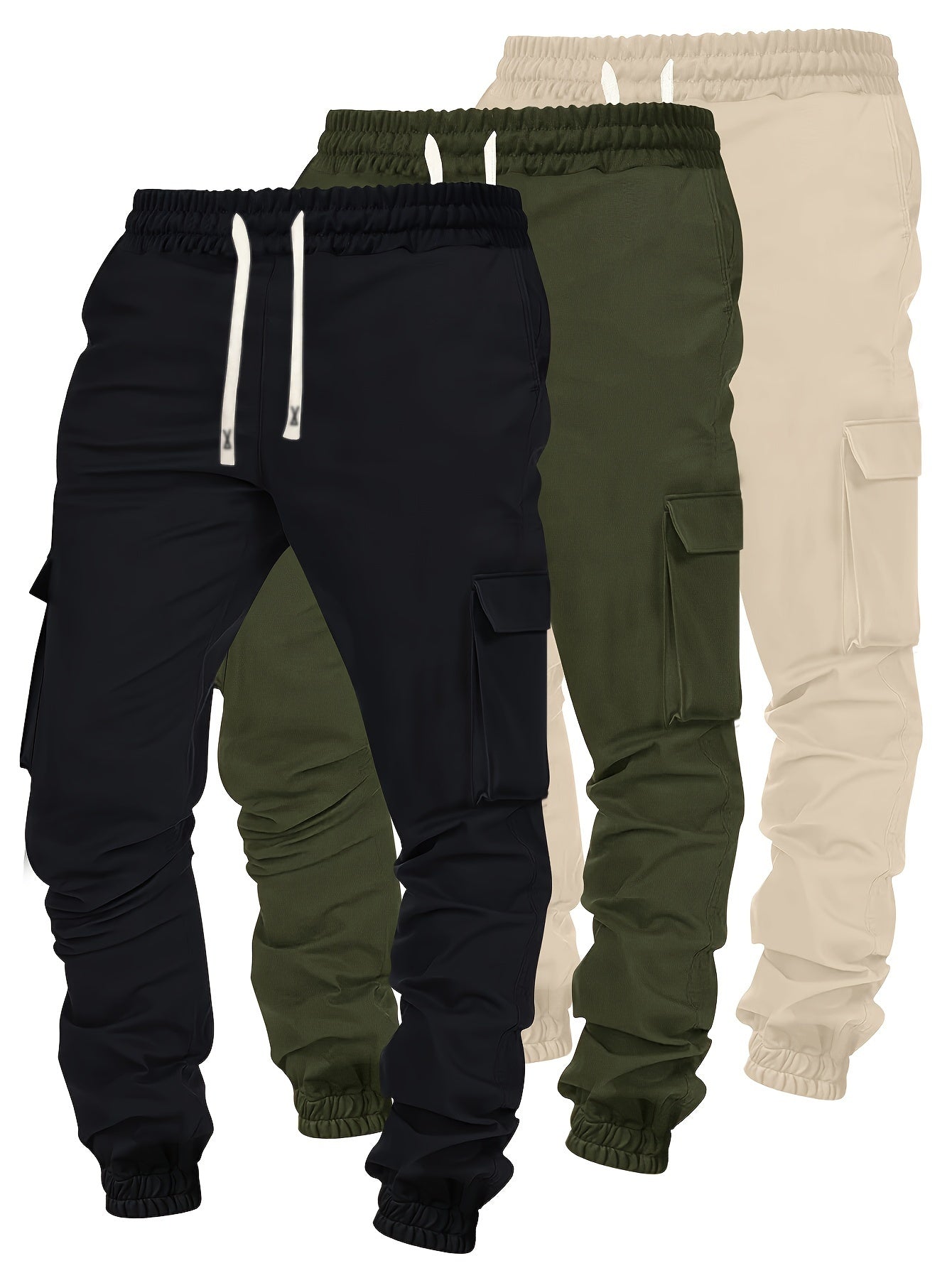 jiaabc 3Pcs Men's Cargo Pants Set with Multiple Pockets - Comfortable Loose-Fit Trousers for Work & Outdoor Leisure, Urban Streetwear with Hip Hop Influence