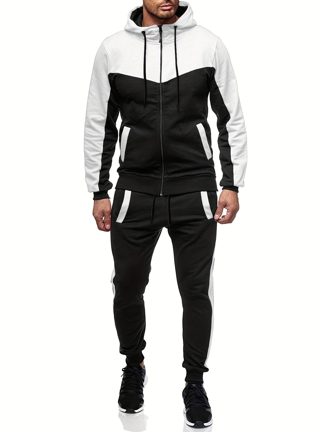 jiaabc Mens Color Block 2 Piece Outfits, Hooded Zip Breathable Casual Jacket And Casual Drawstring Sweatpants Set For Spring Autumn, Men's Clothing