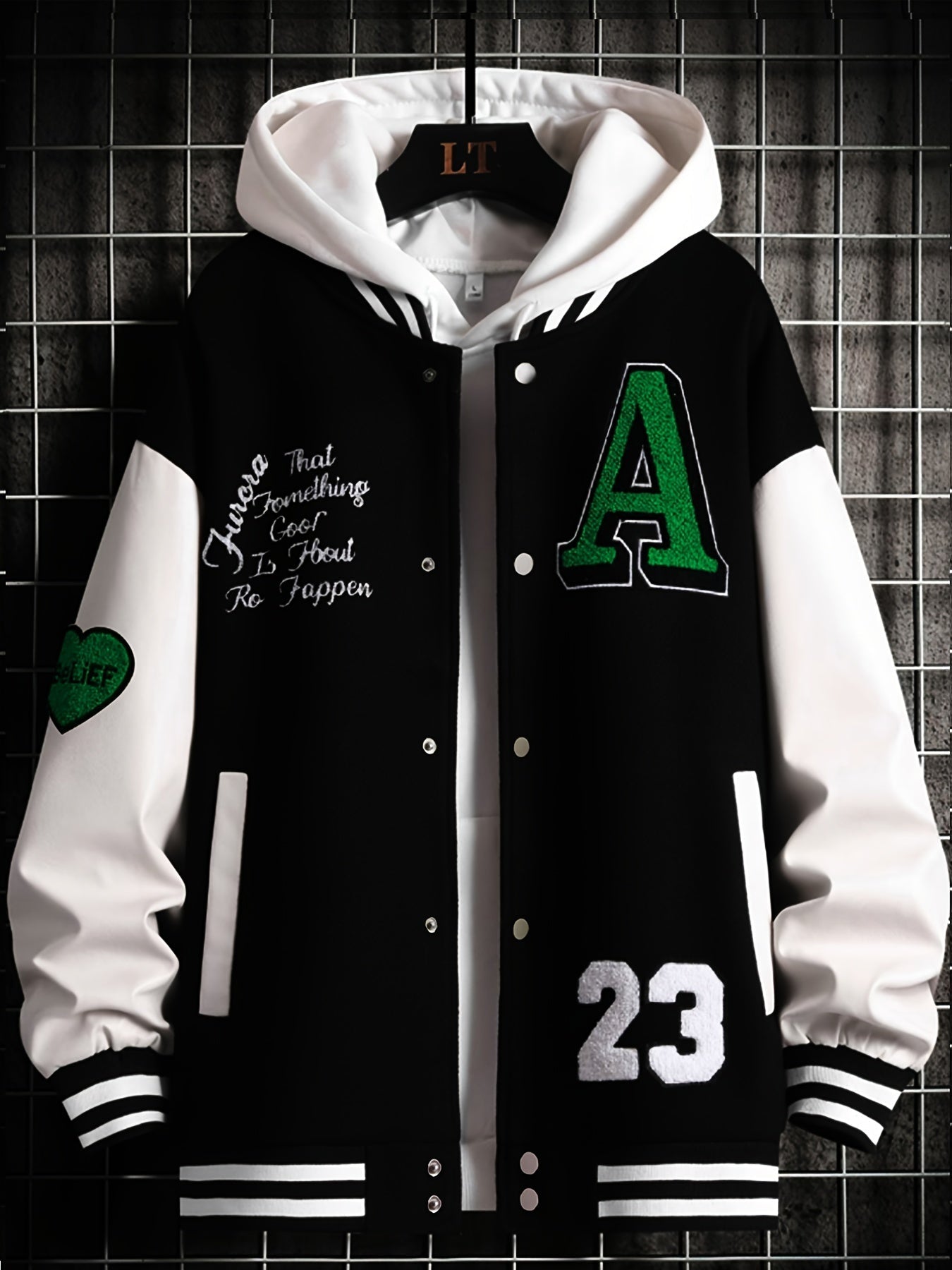 jiaabc Alphabets Print Color Block Varsity Jackets, Men's Casual Baseball Collar Jacket Coat For Spring Fall