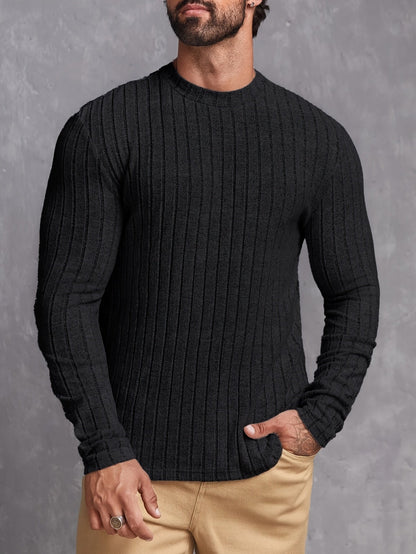 Ribbed Men's Long Sleeve High Stretch Slim Fit Knitted Round Neck T-shirt For Spring Fall, Men's Pullover Top