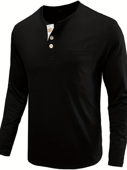 Men's Solid Color Henley T-shirt, Long Sleeve Comfy Casual Top For Autumn