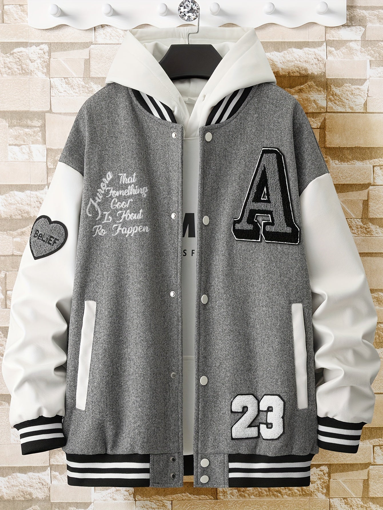 jiaabc Alphabets Print Color Block Varsity Jackets, Men's Casual Baseball Collar Jacket Coat For Spring Fall