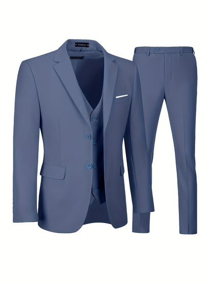 jiaabc 3-Piece Set of Men's Classic Solid Dress Suit - Notch Lapel Blazer, Single Breasted Dress Vest, and Formal Pants for Business, Banquet, and Wedding Occasions - High-Quality, Comfortable, and Versatile