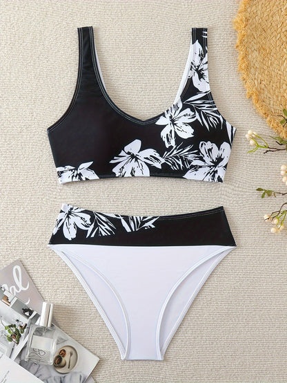 jiaabc 2 Piece V-Neck Floral Pattern High Cut Bikini Set - High Stretch Polyester Swimsuits with Random Print, Positioning Printing, and Knit Fabric - Hand Wash Only, Customized Swimwear for Women