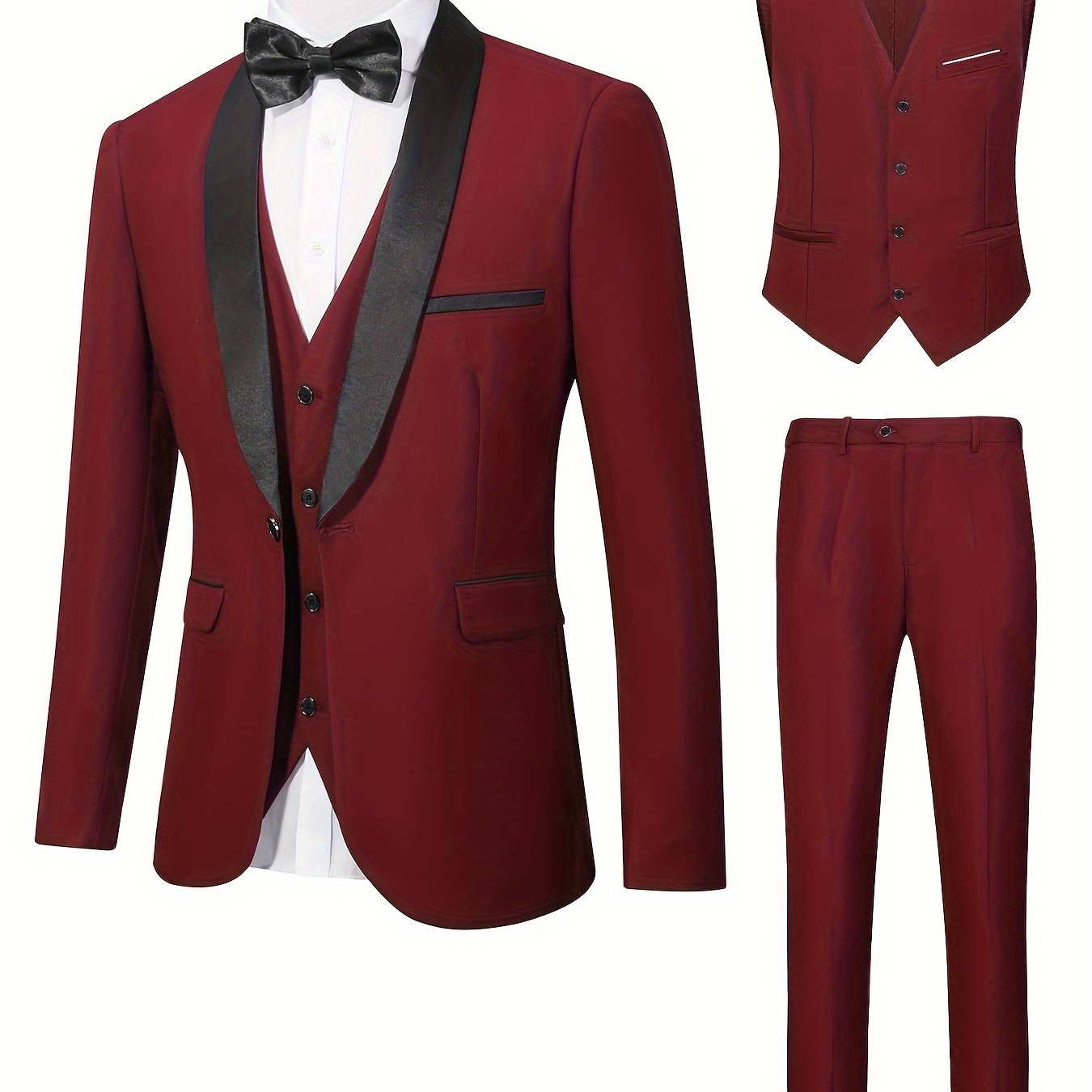 jiaabc 3-Piece Men's Formal Dress Outfit Set - Long Sleeve One Button Shawl Collar Jacket with Pockets, Slim Fit Pants, Perfect for Wedding Banquet and Formal Events