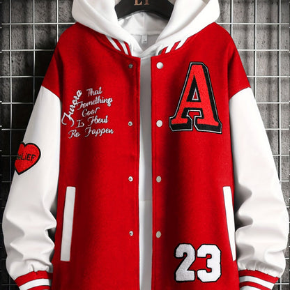 jiaabc Alphabets Print Color Block Varsity Jackets, Men's Casual Baseball Collar Jacket Coat For Spring Fall