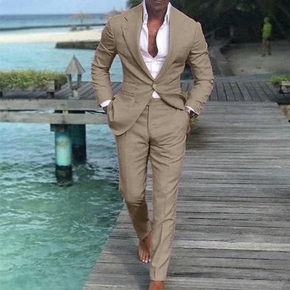 Men's Wedding Linen Suits Pink 2 Piece Solid Colored Summer Suits Tailored Fit Single Breasted One-button 2023