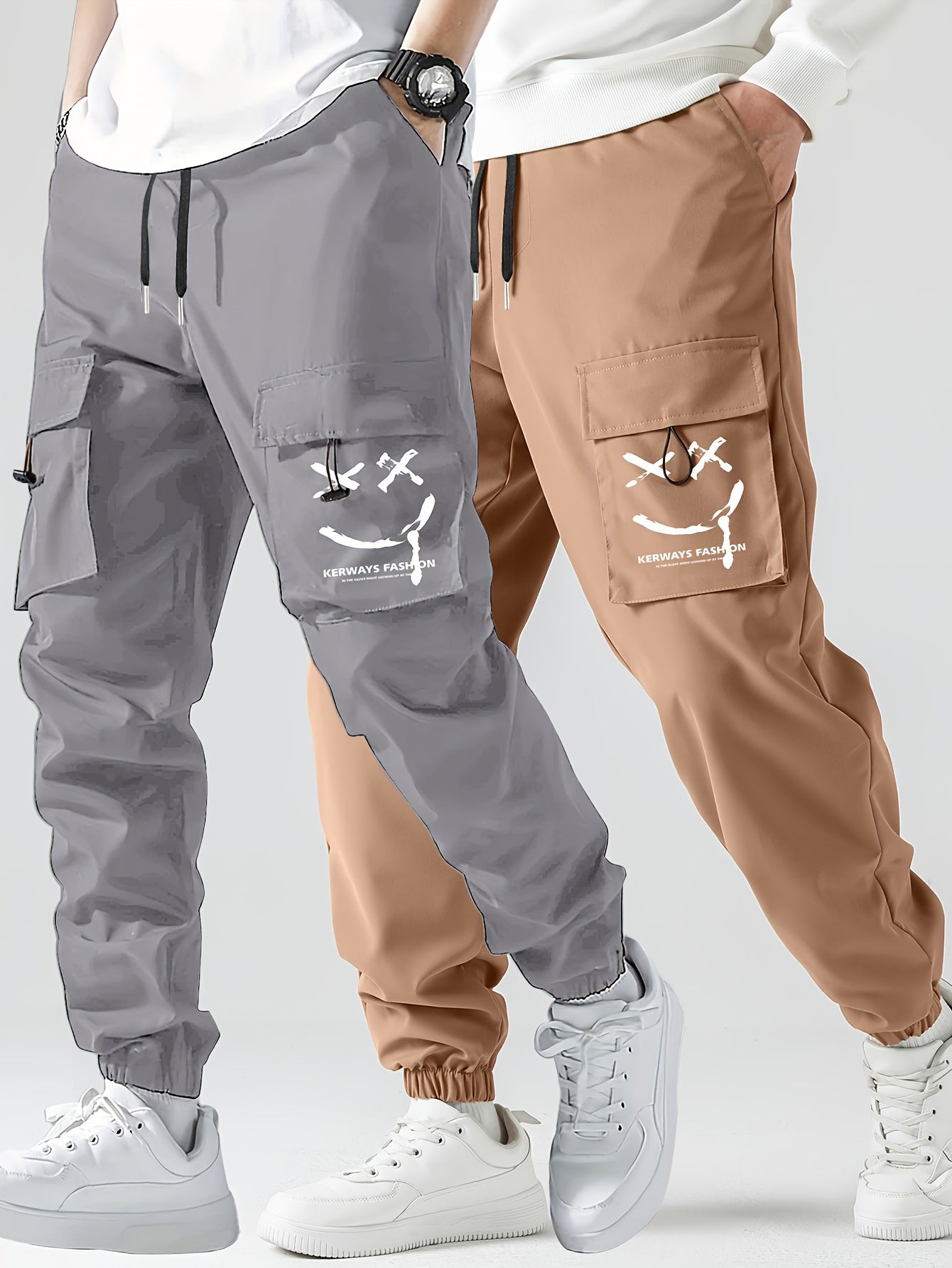 2 Pcs Men's Stylish Smiling Face Pattern Cargo Jogger With Pockets, Causal Breathable Drawstring Men's Bottom Clothing For City Walk Street Hanging Outdoor Activities