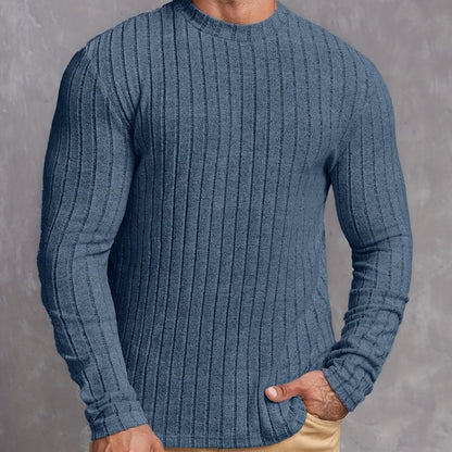 Ribbed Men's Long Sleeve High Stretch Slim Fit Knitted Round Neck T-shirt For Spring Fall, Men's Pullover Top