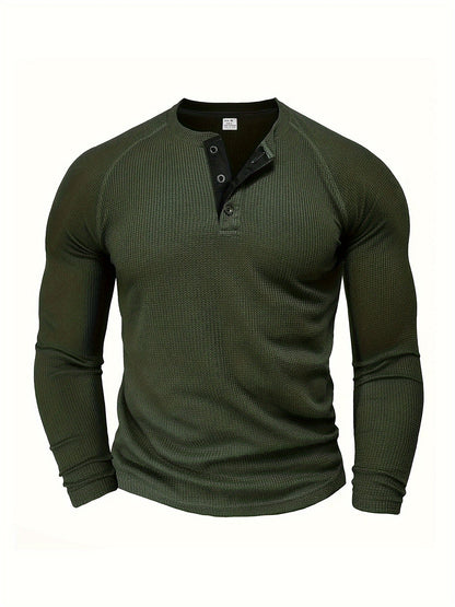 Fall Mens Outfits Men's Loose Solid Henley Shirt, Crew Neck Half Button Long Sleeve Shirt For Spring Fall Outdoor Activities