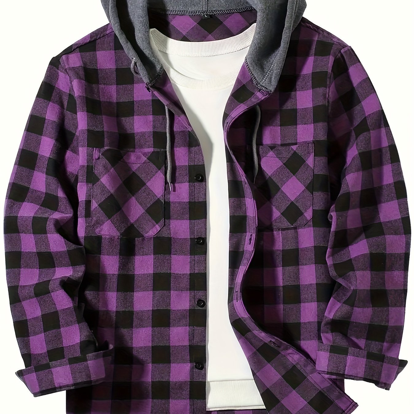 Men's Casual Hooded Plaid Shirt, Long Sleeve Button Up Clothing, Fashion Outerwear