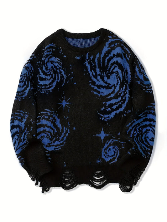 jiaabc All Match Knitted Galaxy Pattern Sweater, Men's Casual Warm Slightly Stretch Crew Neck Pullover Sweater For Fall Winter