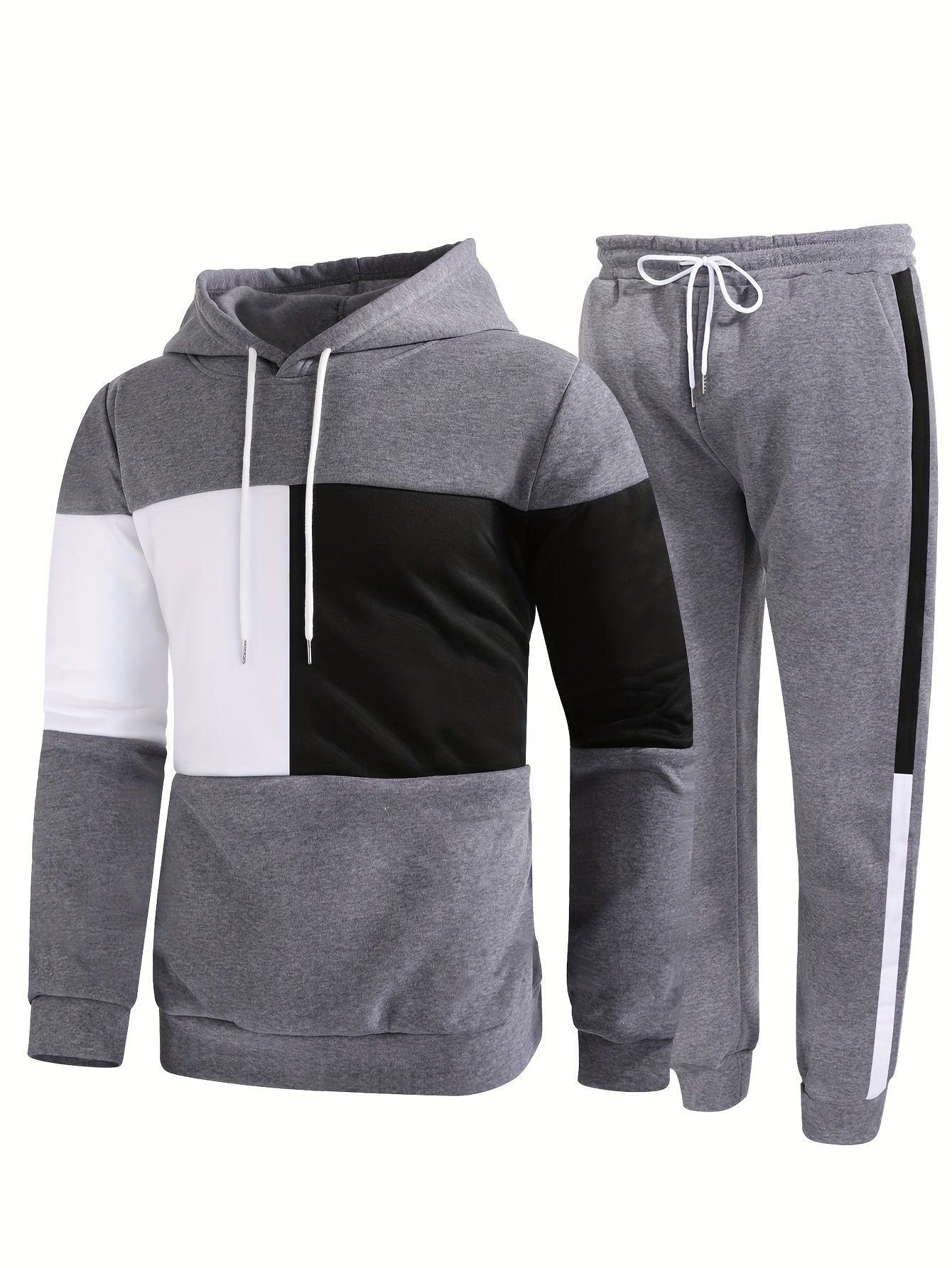 jiaabc Men's Colorblock Hooded Sweatshirt Casual Outfit Set, 2 Pieces Long Sleeve Pullover Hoodies And Drawstring Sweatpants