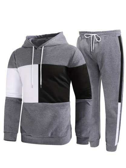 jiaabc Men's Colorblock Hooded Sweatshirt Casual Outfit Set, 2 Pieces Long Sleeve Pullover Hoodies And Drawstring Sweatpants