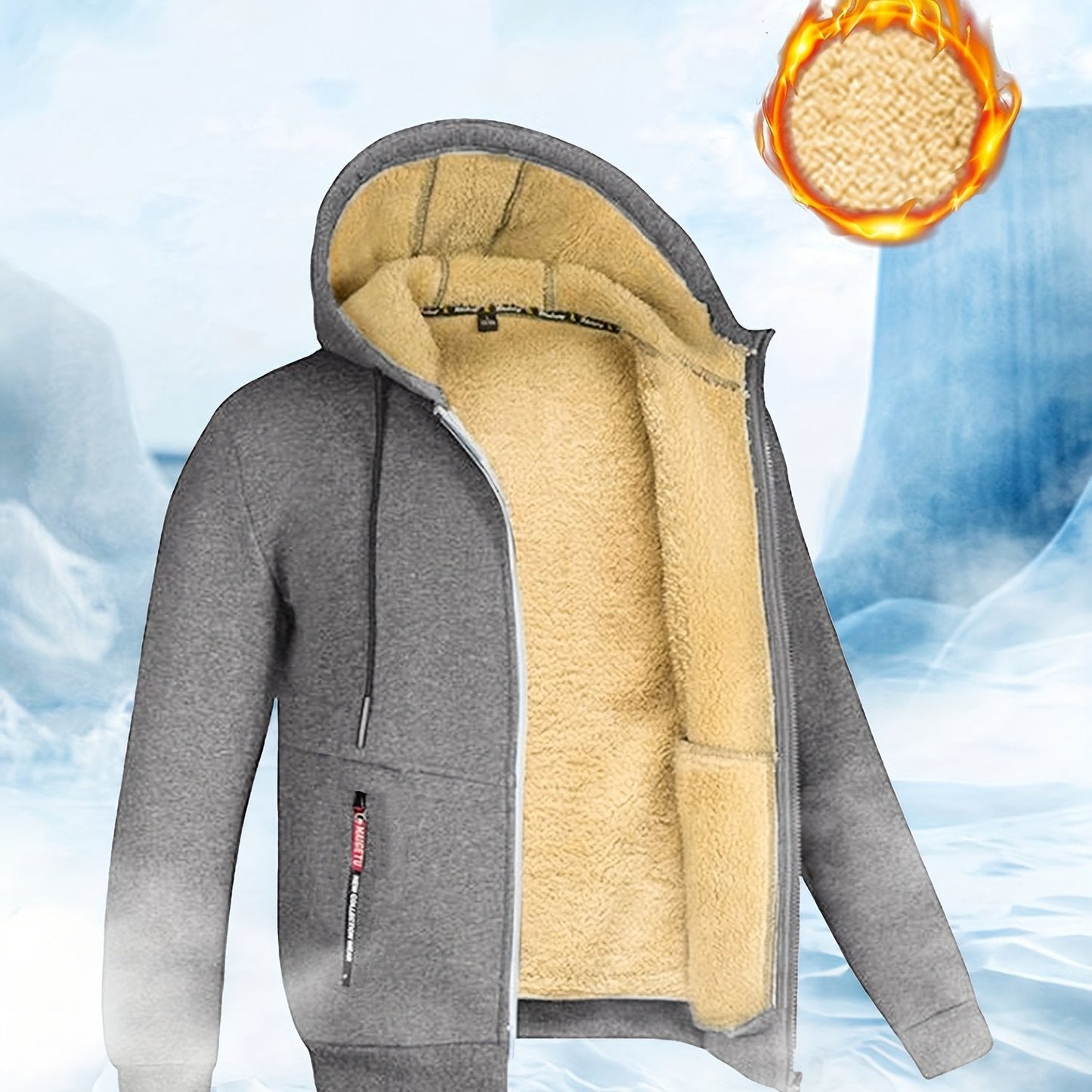 Men's Winter Sherpa Hooded Jacket Thick Warm Zip Up Hooded Jacket For Autumn Winter