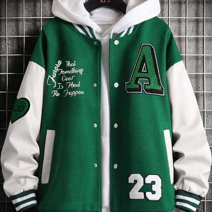 jiaabc Alphabets Print Color Block Varsity Jackets, Men's Casual Baseball Collar Jacket Coat For Spring Fall