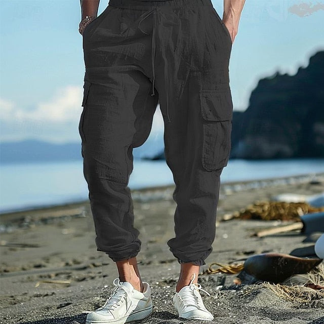 jiaabc Men's Cargo Pants Linen Pants Trousers Summer Pants Beach Pants Drawstring Elastic Waist Multi Pocket Plain Comfort Breathable Full Length Casual Daily Holiday Fashion Classic Style Black White