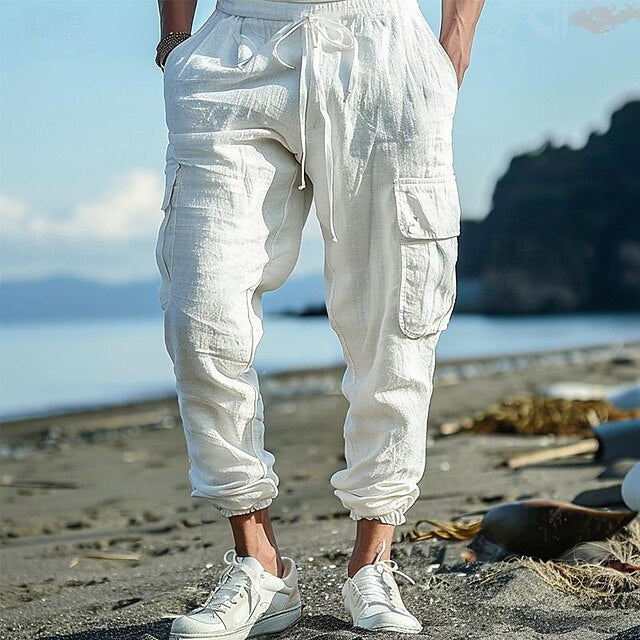 jiaabc Men's Cargo Pants Linen Pants Trousers Summer Pants Beach Pants Drawstring Elastic Waist Multi Pocket Plain Comfort Breathable Full Length Casual Daily Holiday Fashion Classic Style Black White