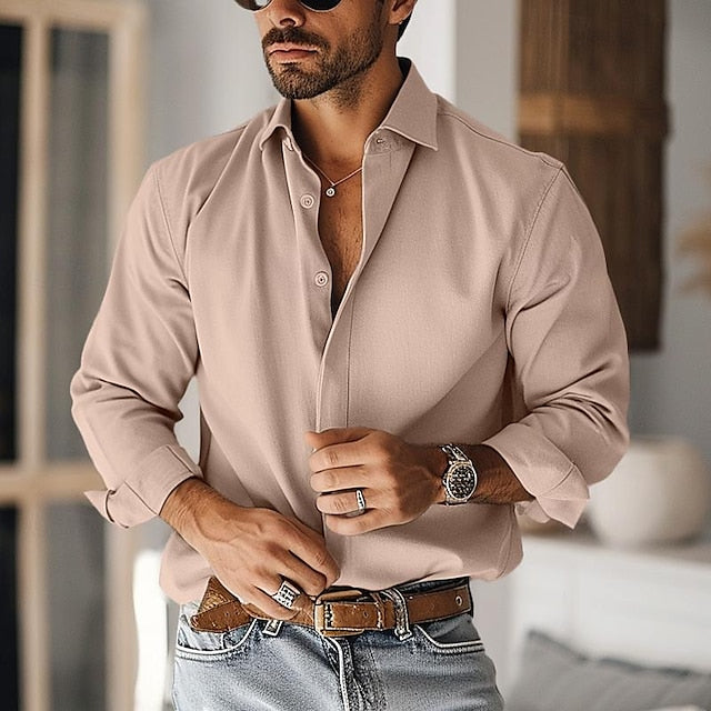 jiaabc Men's Shirt Button Up Shirt Casual Shirt Black White khaki Long Sleeve Plain Lapel Daily Vacation Clothing Apparel Fashion Casual Comfortable