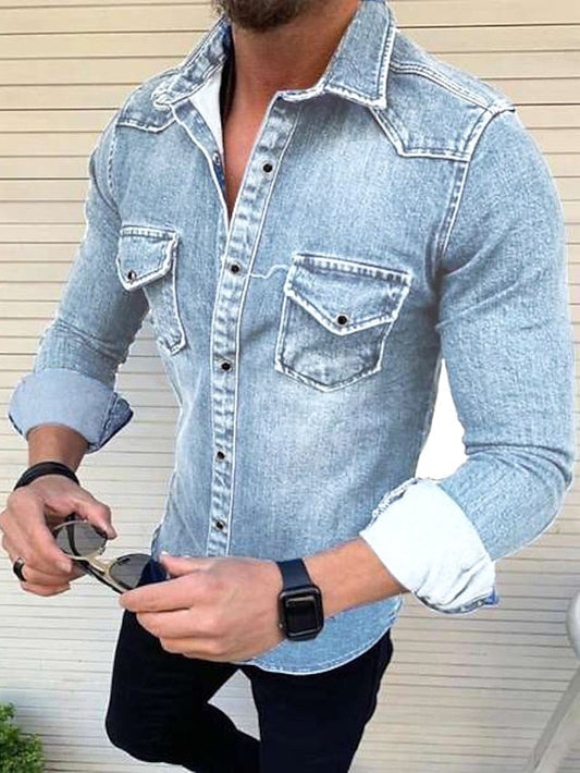 jiaabc Men's Shirt Button Up Shirt Casual Shirt Jeans Shirt Denim Shirt Denim Blue Blue Light Grey Dark Gray Long Sleeve Plain Turndown Daily Vacation Front Pocket Clothing