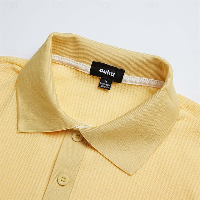 jiaabc Men's Polo Shirt Waffle Polo Shirt Casual Holiday Lapel Ribbed Polo Collar Short Sleeve Fashion Basic Plain Button Soft Summer Spring Regular Fit White Yellow Burgundy Green Khaki Gray Polo Shirt