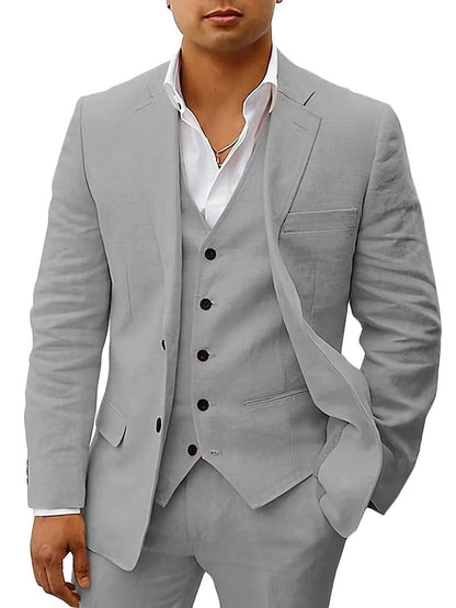 Men's Wedding Linen Suits 3 Piece Light Yellow Black White Solid Colored Summer Suits Tailored Fit Single Breasted Two-buttons 2023