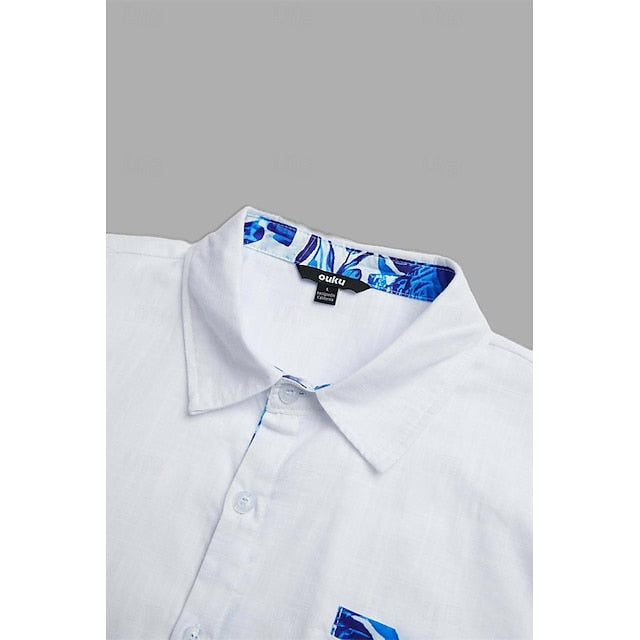 jiaabc Men's Shirt Linen Shirt Button Up Shirt Summer Shirt Beach Shirt White Blue Dark Blue Long Sleeve Leaf Lapel Spring & Summer Casual Daily Clothing Apparel Patchwork